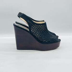 Coach Sandals Womens 8 Black Suede Chasity Slingback Peep Toe Wedge Shoes